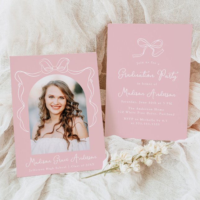 Elegant Rosa Vintage Bow Photo Studentfest Inbjudningar (Skapare uppladdad)