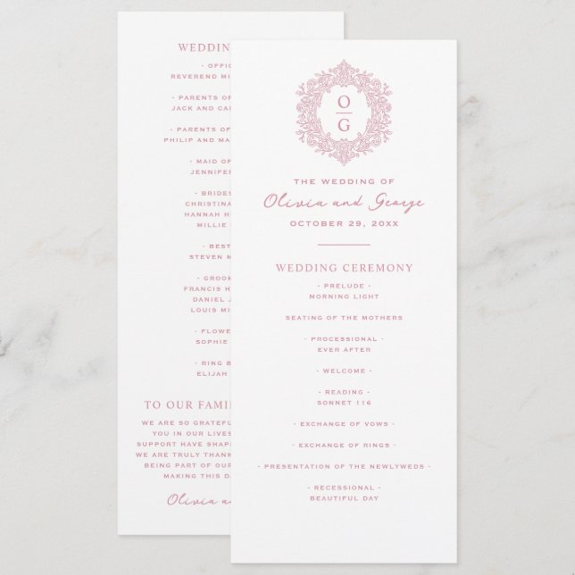 Elegant rosa vintage bröllop program (Fram/baksida)