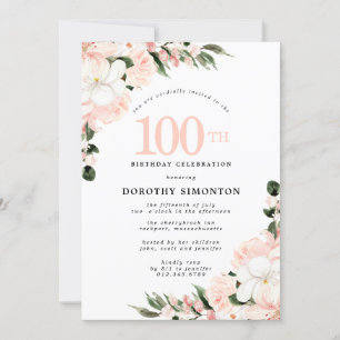 Elegant Rosa Vit Blommigt 100:e födelsedagen Inbjudningar