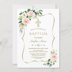 Elegant Rosa Vit Blommigt Bloom Guld Kor Baptism B Inbjudningar