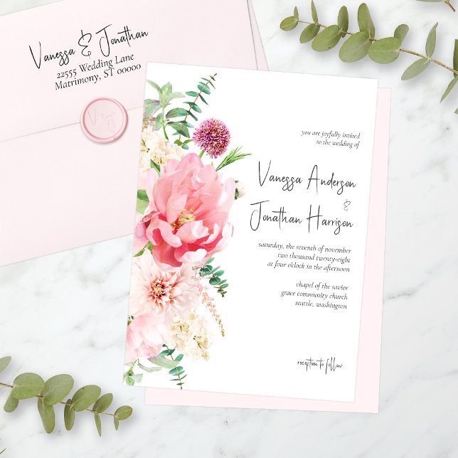 Elegant  Rosa Vit Blommigt Romantic Bröllop Inbjudningar (In situ - blush pink envelope and wax seal sold separately in this collection.)