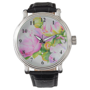 Elegant rosa, vit blommigt, vattenfärg armbandsur
