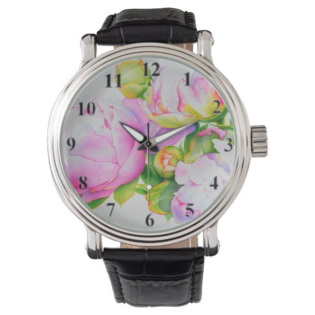 Elegant rosa, vit blommigt, vattenfärg armbandsur (Framsida)