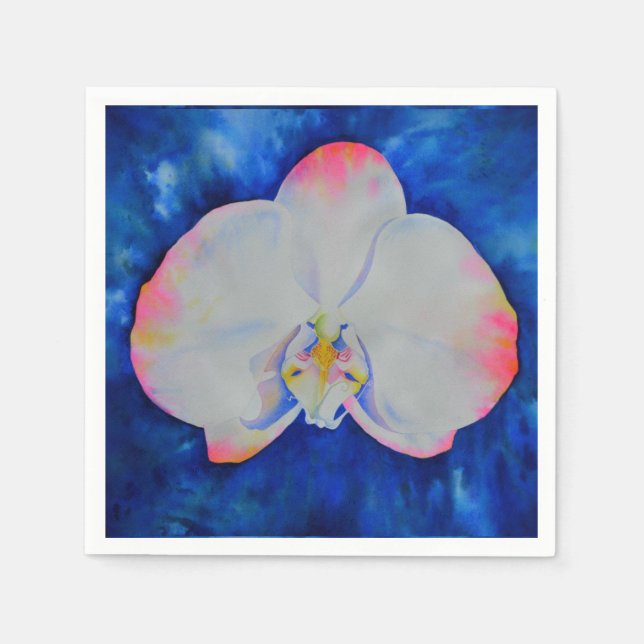 Elegant rosa, vit blommigt vattenfärgsorchid pappersservett (Framsidan)