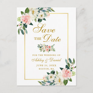 Elegant rosa vit blomsterlig Save the Date Guld Meddelande Vykort