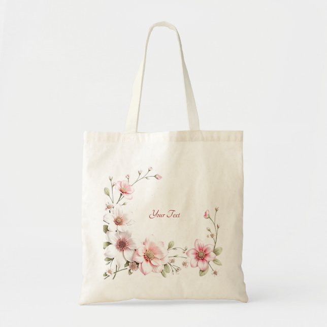 Elegant rosa vit blomstertotebag tygkasse (Framsidan)