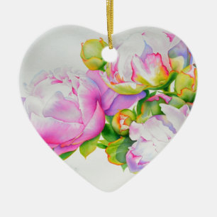 Elegant rosa vit blomstervattenfärg-målning julgransprydnad keramik
