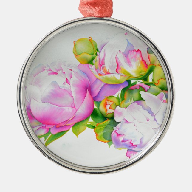 Elegant rosa vit blomstervattenfärg-målning julgransprydnad metall (Framsidan)