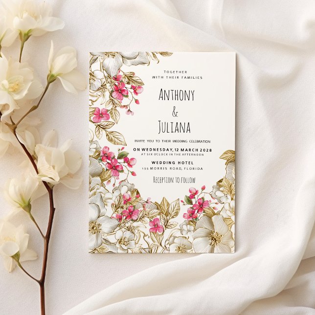 Elegant rosa vit lyx guld blom- Bröllop Inbjudningar (Elegant pink white luxury gold floral Wedding )
