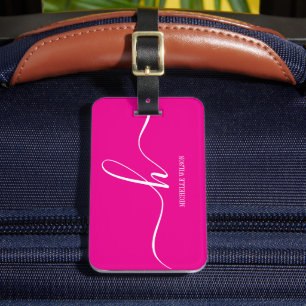 Elegant Rosa Vit Monogram Initialt Skriptnamn Bagagebricka
