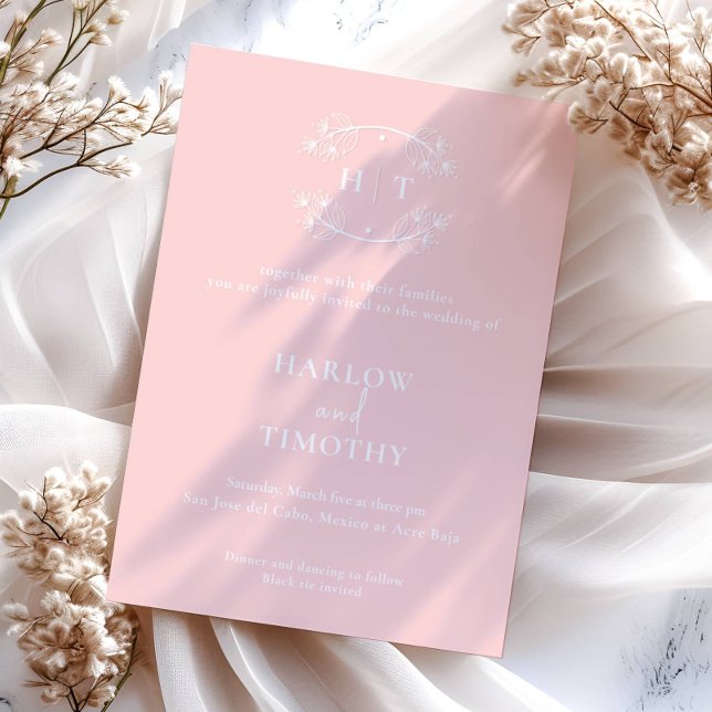 Elegant rosa vit monogram kalligrafi Bröllop Inbjudningar (Skapare uppladdad)