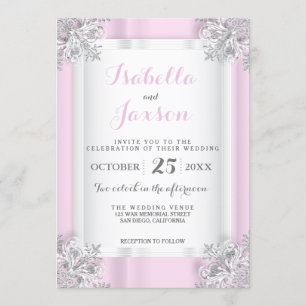 Elegant Rosa & vit satatin med Silver Ornate Inbjudningar