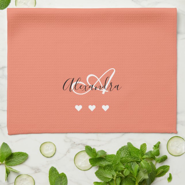 Elegant Rosa Vit Skript Namn Monogram Kökshandduk (Vikta)