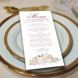Elegant Rosa Watercolor Blommigt Boho Chic Bröllop Meny<br><div class="desc">Den här vackra menyn kommer att lägga lite stil till ditt bröllopsmottagande. Den har en vacker blommigt för boho-chic med ett kluster av handmålat ro och blommar i skuggor av rosa, korallpersika och mauve, tillsammans med eucalyptus lövs- och trädgårdsgrey. Det finns utrymme för namn från paret och bröllop, och texten...</div>