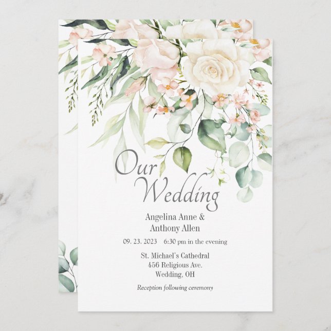 Elegant Rosa  Watercolor Blommigt Bröllop Inbjudningar (Fram/baksida)