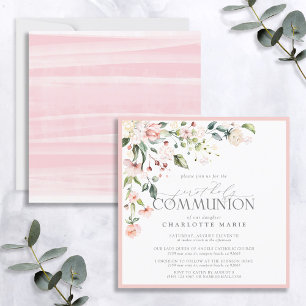 Elegant Rosa Watercolor Blommigt First Communion Inbjudningar