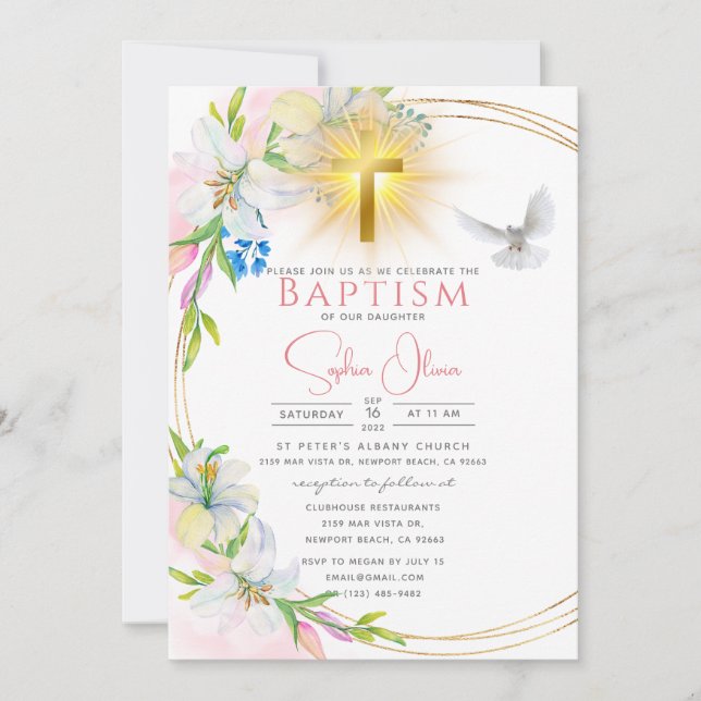 Elegant Rosa Watercolor Blommigt Girl Baptism Inbjudningar (Framsida)
