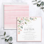 Elegant Rosa Watercolor Blommigt Girl Baptism Inbjudningar<br><div class="desc">Modern Baptisminbjudan med kvadratisk Heliga i elegant med en blommigt bukett av mjuk, vattenfärgad ro i skuggor av rosa, persika och vit, med lush grönt botaniskt löv i skuggor av kärlek och eukalyptus, och gränsad till rosa. Anpassa detaljerna i mjuk, svart, accentuerad med vacker, modern, handskriven kalligrafi. Kortets baksida har...</div>