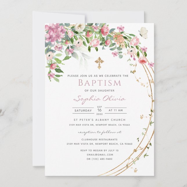 Elegant Rosa Watercolor Blommigt Girl Baptism Invi Inbjudningar (Framsida)