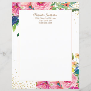 Elegant Rosa Watercolor Blommigt Glitter Letterhea