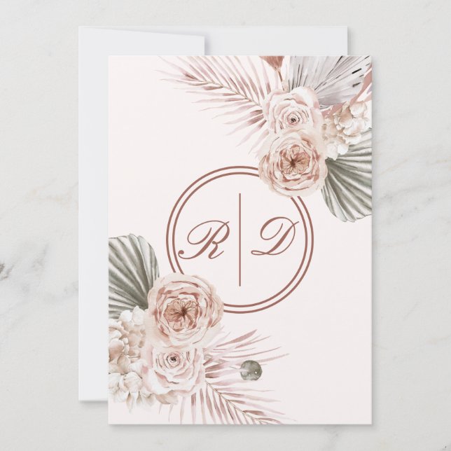 Elegant Rosa Watercolor Blommigt Monogram Bröllop Inbjudningar (Framsida)