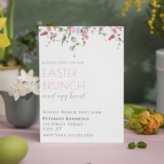 Elegant Rosa Watercolor Blommigt Påsk Brunch Inbjudningar (Elegant Pink Watercolor Floral Easter Brunch Invitation)