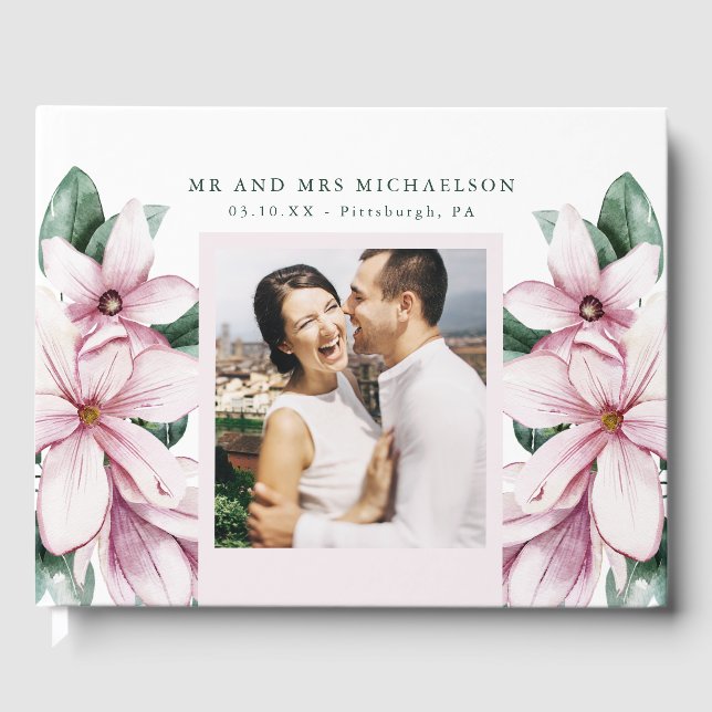 Elegant Rosa Watercolor Blommigt Photo Bröllop Gästböcker (Framsida)