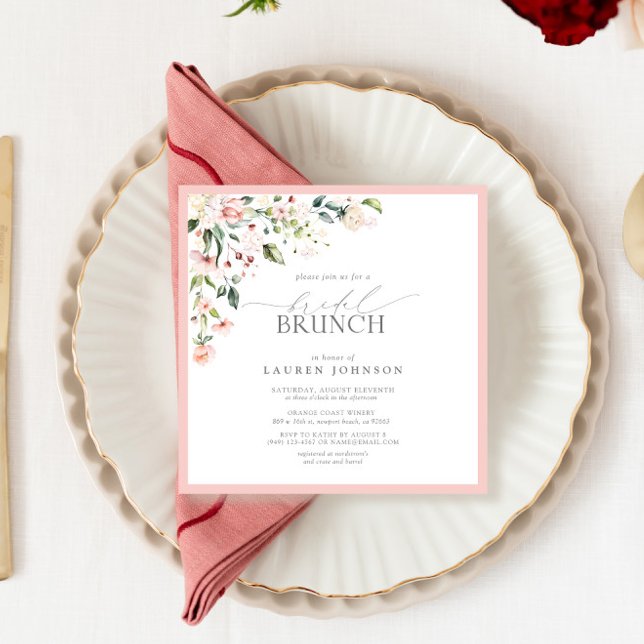 Elegant Rosa Watercolor Botanical Möhippa Brunch Inbjudningar (Easily personalize this bridal brunch invitation for a very special event!)
