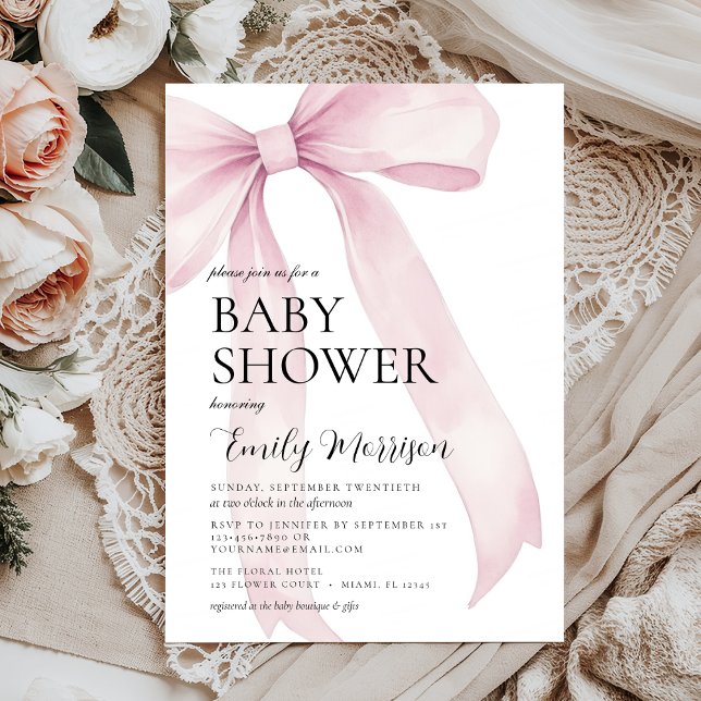 Elegant  Rosa Watercolor Bow Baby Shower Inbjudningar (Skapare uppladdad)