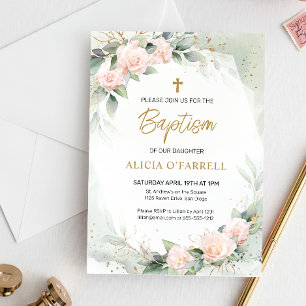 Elegant Rosa Watercolor Flowers Greenery Baptism Inbjudningar