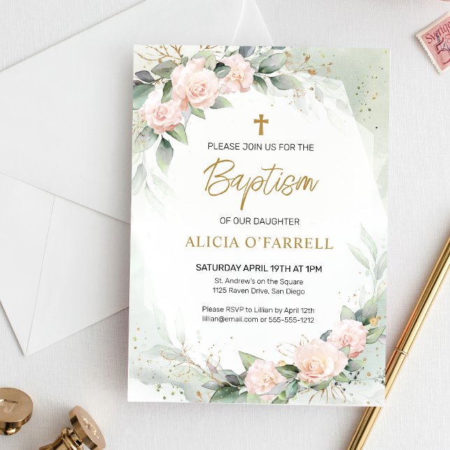 Elegant Rosa Watercolor Flowers Greenery Baptism Inbjudningar (Skapare uppladdad)