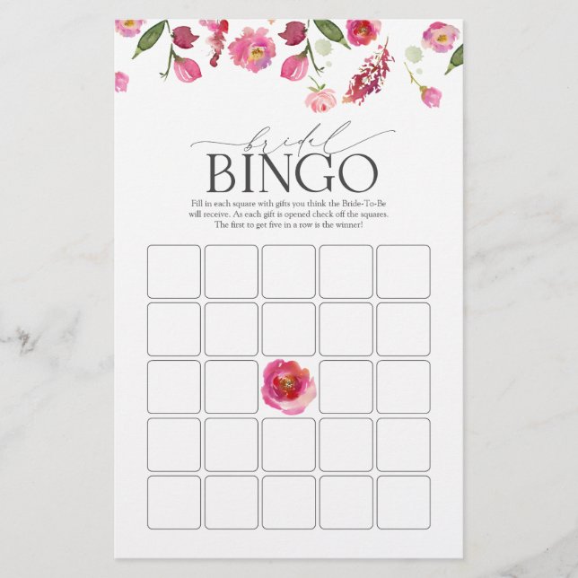 Elegant Rosa Watercolor Flowers Möhippa Bingo Game (Framsida)