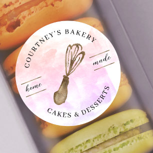 Elegant Rosa Watercolor & Guld Glitter Bakery Runt Klistermärke