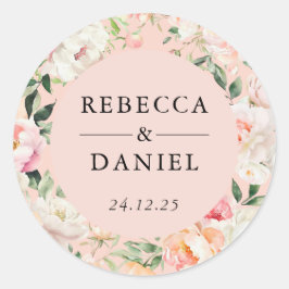 Elegant Rosa Watercolor Peonies Blommigt Bröllop Runt Klistermärke
