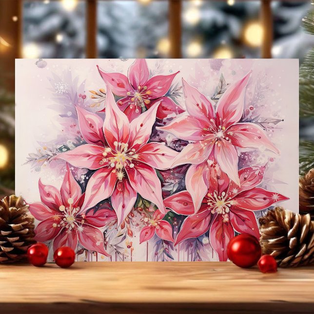 Elegant Rosa Watercolor Poinsettia jul Helgkort (Skapare uppladdad)