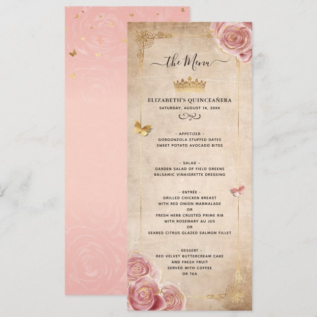 Elegant  Rosa Watercolor Ro Guld Blommigt Meny (Fram/baksida)