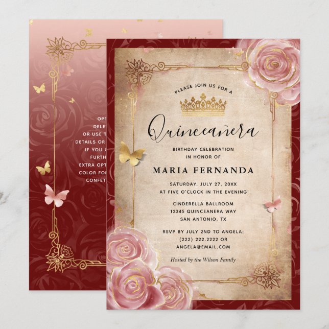 Elegant Rosa Watercolor Ro Guld Quinceanera Inbjudningar (Fram/baksida)