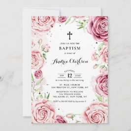 Elegant Rosa Watercolor Ro Ram Baptism Inbjudningar