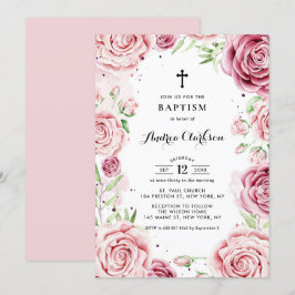 Elegant Rosa Watercolor Ro Ram Baptism Inbjudningar