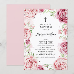 Elegant Rosa Watercolor Ro Ram Baptism Inbjudningar