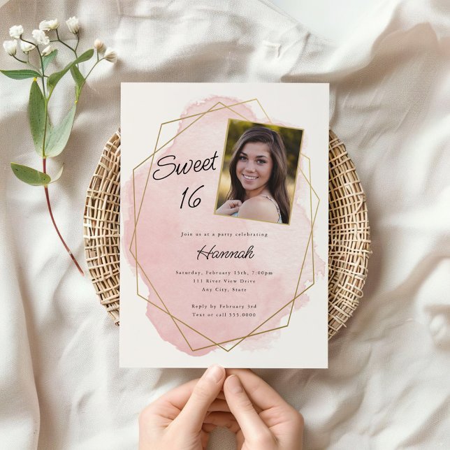 Elegant Rosa Watercolor Sweet 16 Photo Birthday Inbjudningar (Skapare uppladdad)