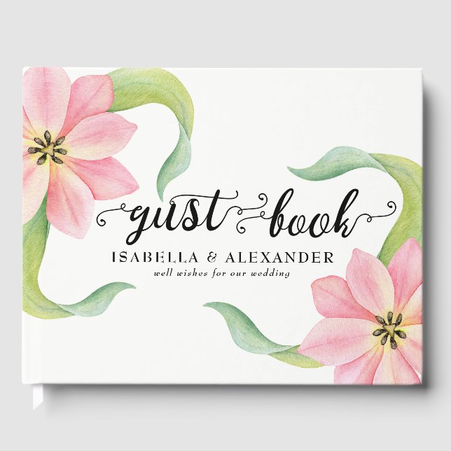 Elegant Rosa Watercolor Tulips Bröllop Guest Bok (Framsida)