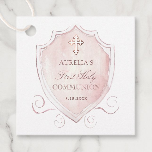 Elegant Rosa Watercolor Vapensköld First Communion Gåvor Etiketter (Framsida)
