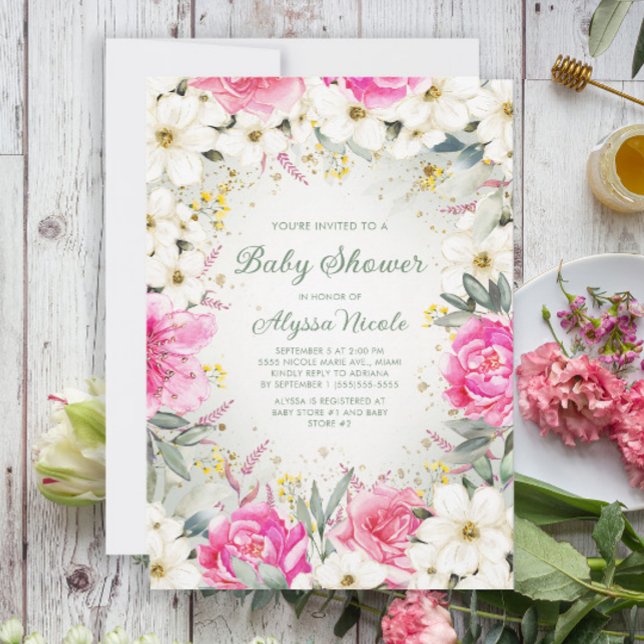 Elegant Rosa White Blommigt Glitter Baby Shower In Inbjudningar (Skapare uppladdad)