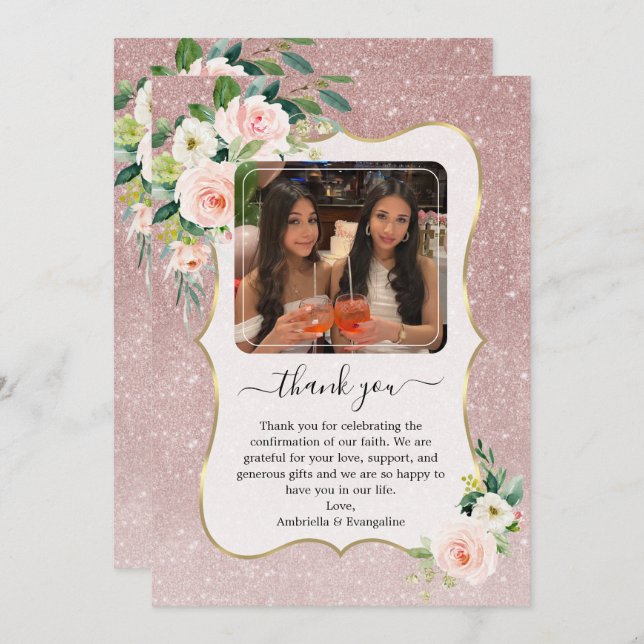 Elegant Rosa White Blommigt Guld Photo Confirmatio Tack Kort (Fram/baksida)