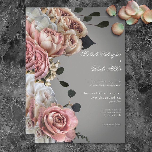 Elegant Rosa White Blommigt Ro Grått Bröllop Inbjudningar (Elegant Pink White Floral Roses Gray Wedding Invitation)
