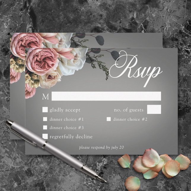 Elegant Rosa White Blommigt Ro Grått Bröllop Midda OSA Kort (Elegant Pink White Floral Rose Gray Wedding Dinner RSVP Card)