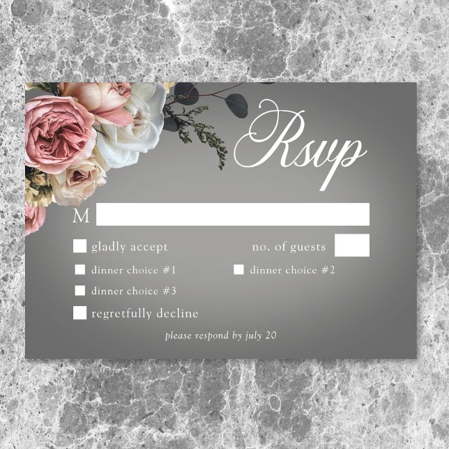 Elegant Rosa White Blommigt Ro Grått Bröllop Midda OSA Kort (Elegant Pink White Floral Rose Gray Wedding Dinner RSVP Card)