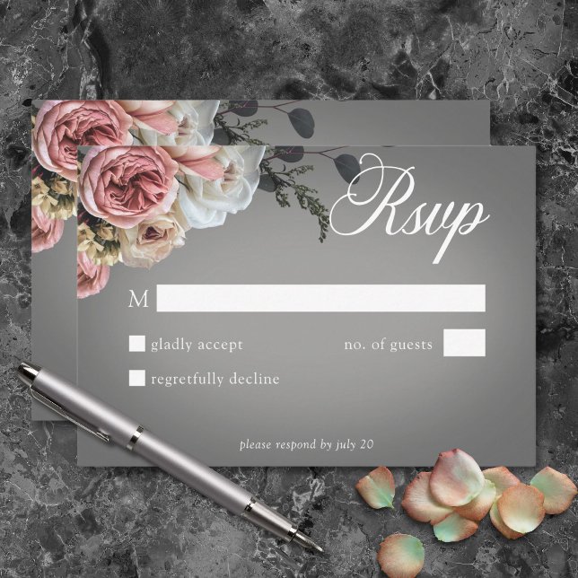 Elegant Rosa White Blommigt Ro Grått Bröllop OSA Kort (Elegant Pink White Floral Roses Gray Wedding RSVP Card)