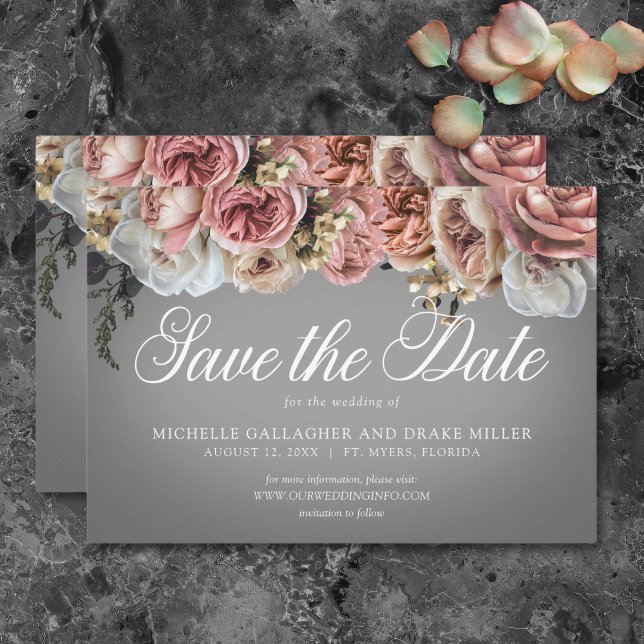 Elegant Rosa White Blommigt Ro Grått Bröllop Spara Datumet (Elegant Pink White Floral Roses Gray Wedding Save The Date)